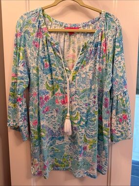 Lilly Pulitzer Blue Multi Tropical Print Tassel Tunic